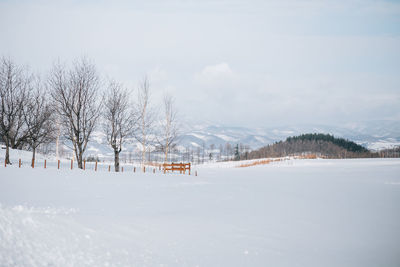 Scenic view of snowcapped field against sky