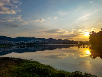 Scenic view of lake against sky during sunset