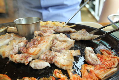 Close-up of samgyupsal, pork belly in plate