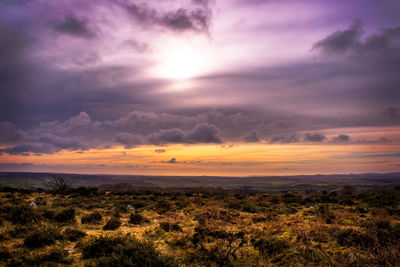 Scenic view of dramatic sky over land during sunset