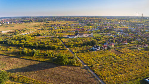 High angle view of agricultural field against sky