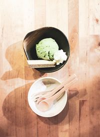 High angle view of ice cream in bowl on table