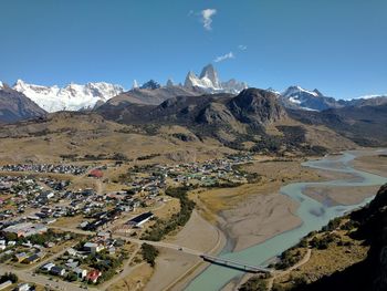 El chalten from a high spot, with fitz roy mountain in the back.