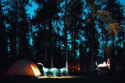 Tent in forest at night