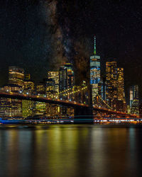 Illuminated buildings by river against sky at night