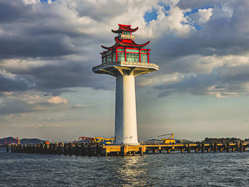 Lighthouse by sea against sky