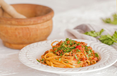 Close-up of meal served in plate on table