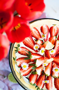 Directly above shot of chopped strawberries in bowl