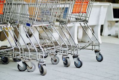 Close-up of empty shopping carts at store