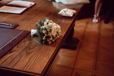 High angle view of potted plants on table
