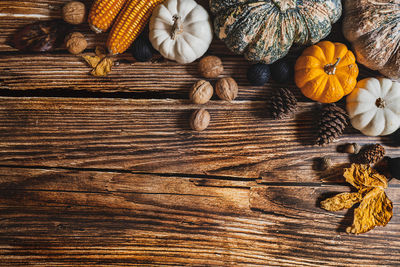 High angle view of pumpkins on table