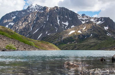 Scenic view of lake and mountains against sky