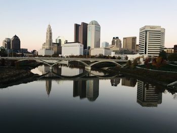 Reflection of buildings in river against clear sky