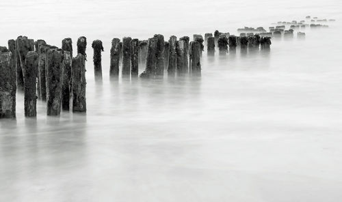 Wooden posts in sea against sky