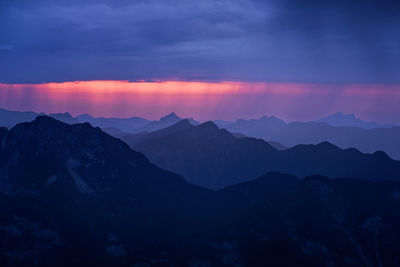 Scenic view of silhouette mountains against sky at sunset