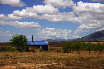 Houses and trees against sky