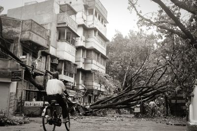 Rear view of man riding bicycle on street in city