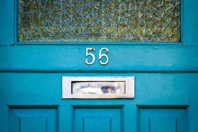 Close-up of text on blue door