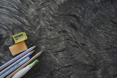 High angle view of colored pencils on table