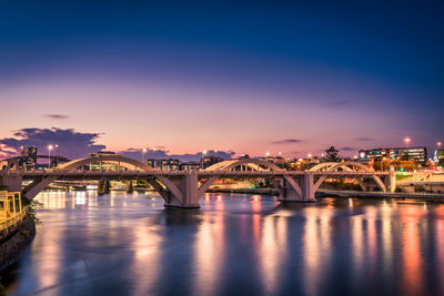 Bridge over river in city at night