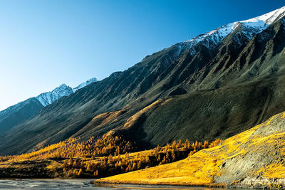 Scenic view of snowcapped mountains against clear blue sky