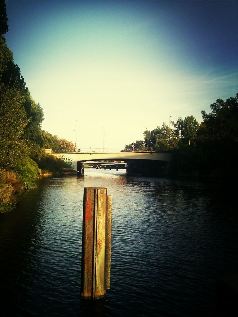 tree, water, connection, bridge - man made structure, built structure, river, architecture, bridge, clear sky, tranquility, tranquil scene, waterfront, reflection, sky, nature, lake, scenics, footbridge, beauty in nature, railing