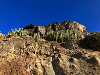 Low angle view of rock against clear blue sky