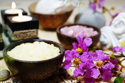 Close-up of purple flowers on table