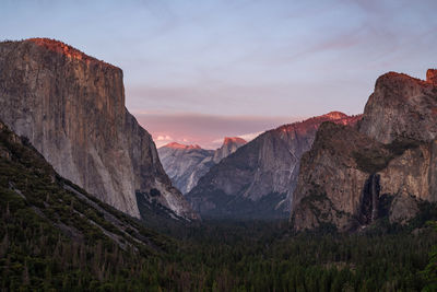 Scenic view of yosemite rocky mountains against sky during sunset 