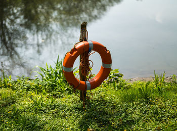 High angle view of life belt on field
