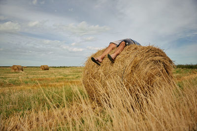 Hay bales on field against sky