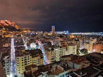 High angle view of illuminated buildings in city against sky