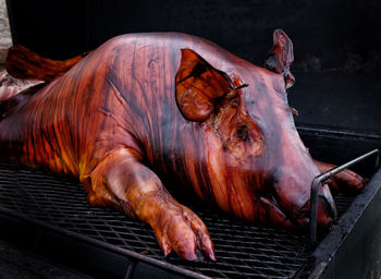 Close-up of meat on barbecue grill