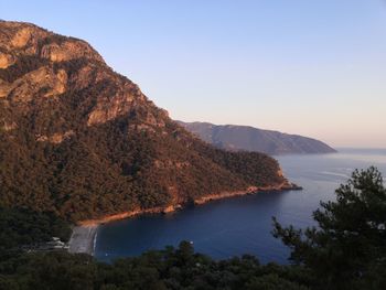 Scenic view of sea and mountains against clear sky in aegean