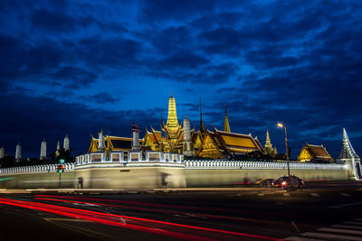 Light trails on building at night