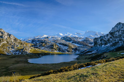 Scenic view of snowcapped mountains against sky