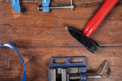 High angle view of old equipment on table