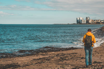 Rear view of man standing on beach