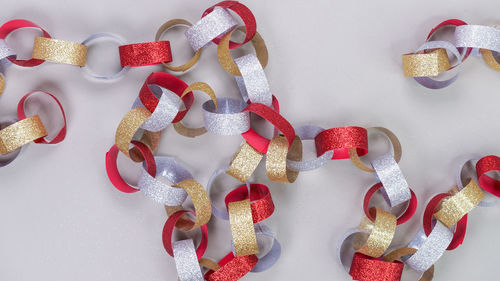 High angle view of christmas decorations on white background