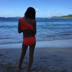 Rear view of woman standing on beach against sky