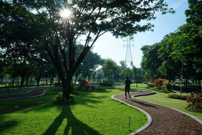 Man walking on footpath in green park in the morning