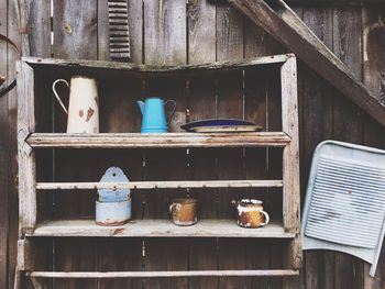 Close-up of objects on shelf