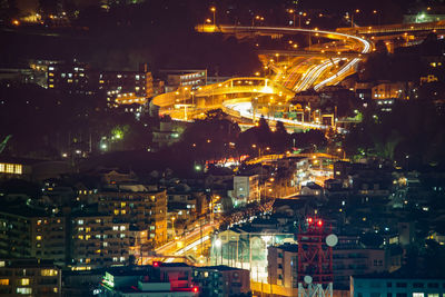 High angle view of illuminated city at night