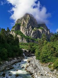 Scenic view of waterfall against sky