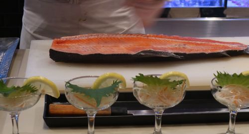 Close-up of fish served on table at restaurant