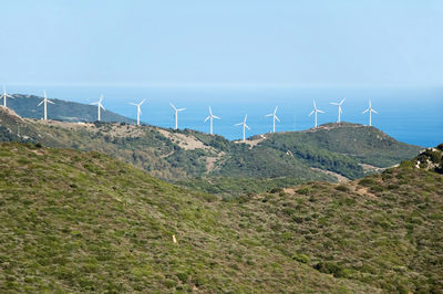 Wind turbines on field against sky