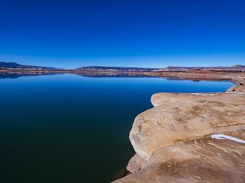 Scenic view of sea against clear blue sky