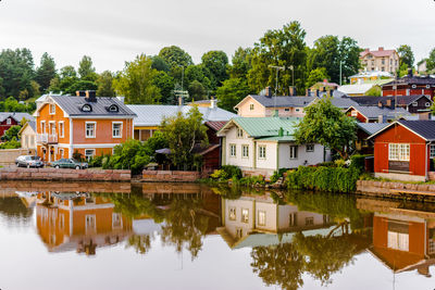 Houses by lake and buildings against sky