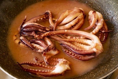 High angle view of meat in cooking pan