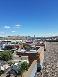 Panoramic shot of townscape by sea against blue sky